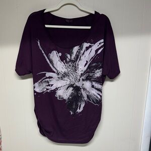 Agenda Purple and Black Floral Short Sleeve Top with Beads